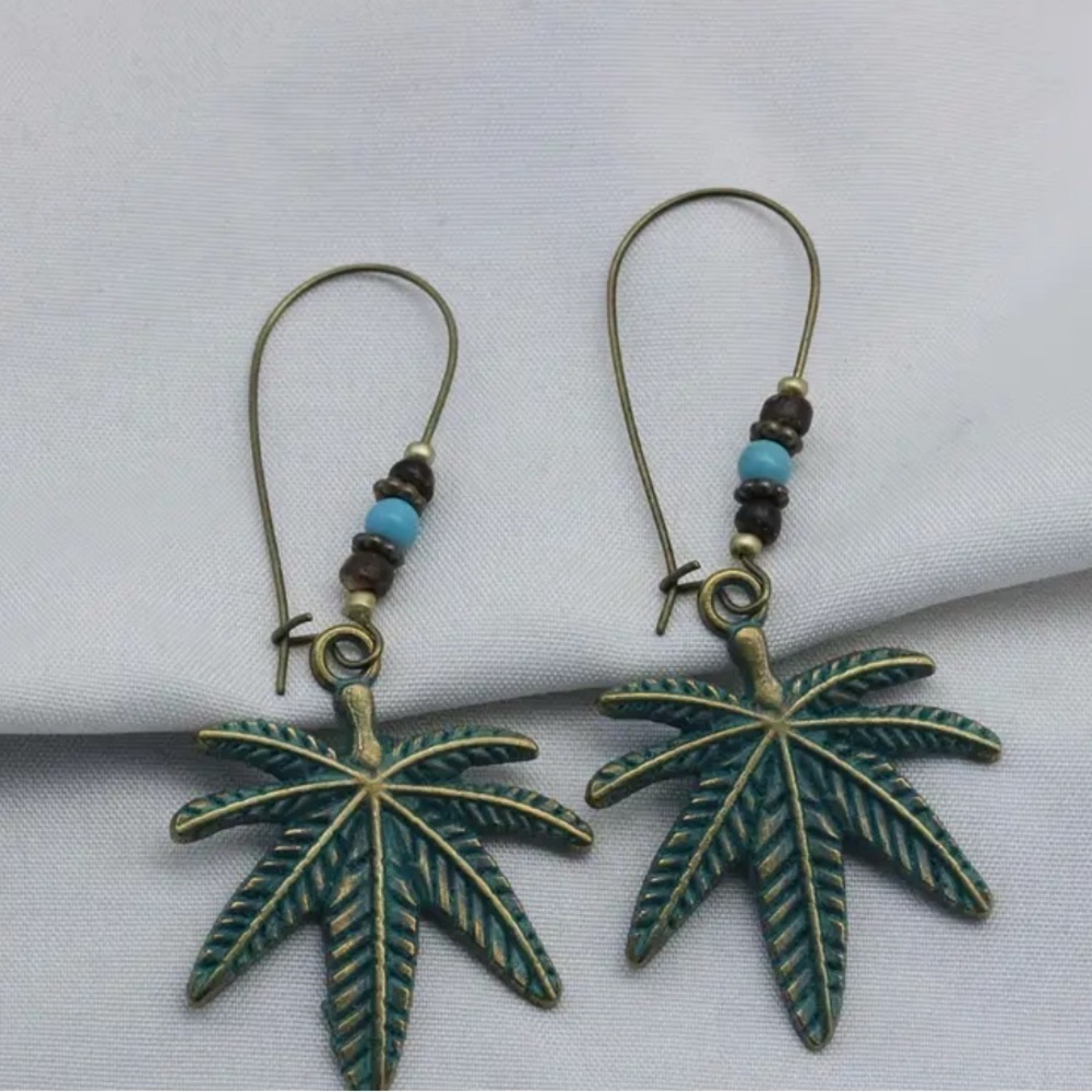 Elegant Leaf Design Earrings in Teal and Bronze party and festival wear